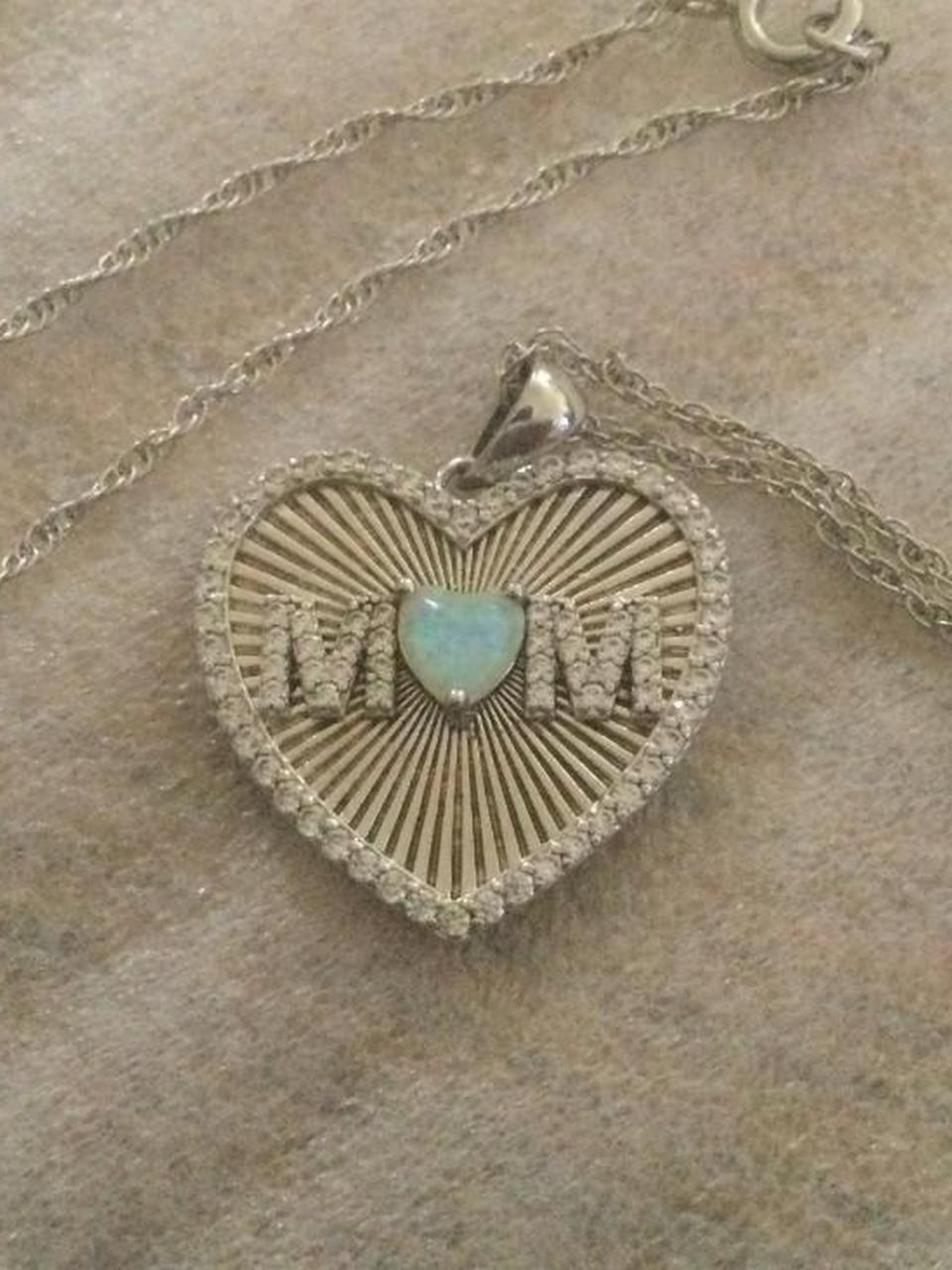 Heart MOM Necklace with Light Blue Opal Accent